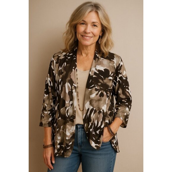 Chicos Easywear Womens Cardigan Jacket Sz 3 XL Gray Brown Watercolor Slinky Knit - Picture 1 of 6